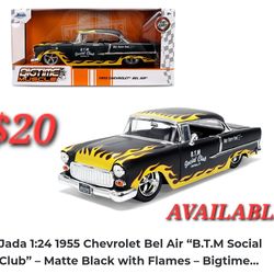 Jada 1:24 1955 Chevrolet Bel Air "B.T.M Social Club" Matte Black with Flames Bigtime...