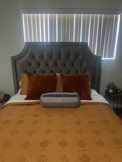 Gray Velvet Tufted Upholstered Headboard with Nailhead Trim