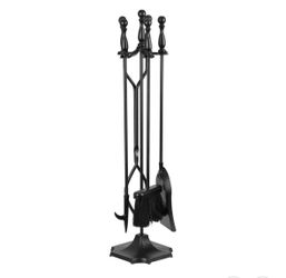 5 Piece Fireplace Tool Set with Stand, Heavy Duty Wrought Iron Indoor Stove Accessories for Hearth, Black