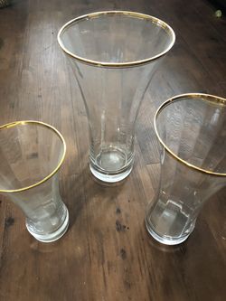 Real crystal and gold trim 3 pc vases