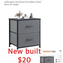 New already built End Table with 2 Drawers for Bedroom, Small Bedside Nightstand, Storage Organizer Fabric Cabinet Wood Top, Lightweight, $20