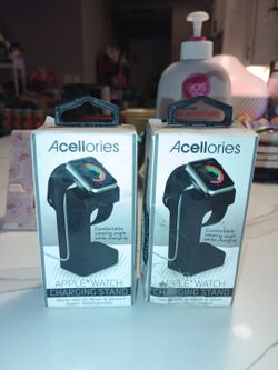 Acellories Apple Watch Charging Stand designed for 38mm and 42mm models.The stand is made of plastic and rubber, featuring a non-slip base and a cut-o