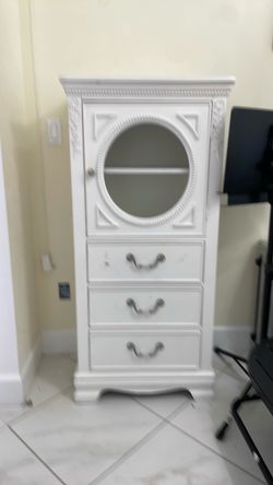 White Wood Cabinet with Glass Door and Drawers