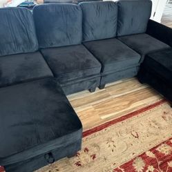 HONBAY 6 Piece Velvet Sectional Couch With Storage Seat in Black