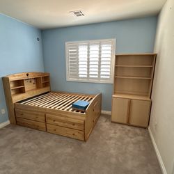 Light wood bed frame and storage shelf