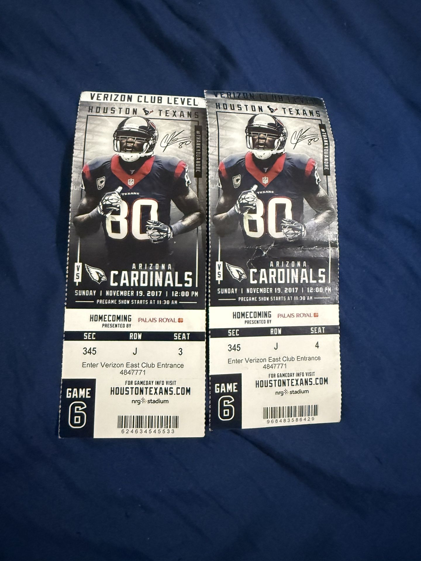 Two Houston Texans Vs Arizona Football Verizon Club Level Tickets 11/19/2017