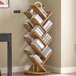 16-Tier Tree Rotating Bookshelf, 360 Degree Spinning Standing Bookcase for Magazines DVDs Books, Rustic Brown