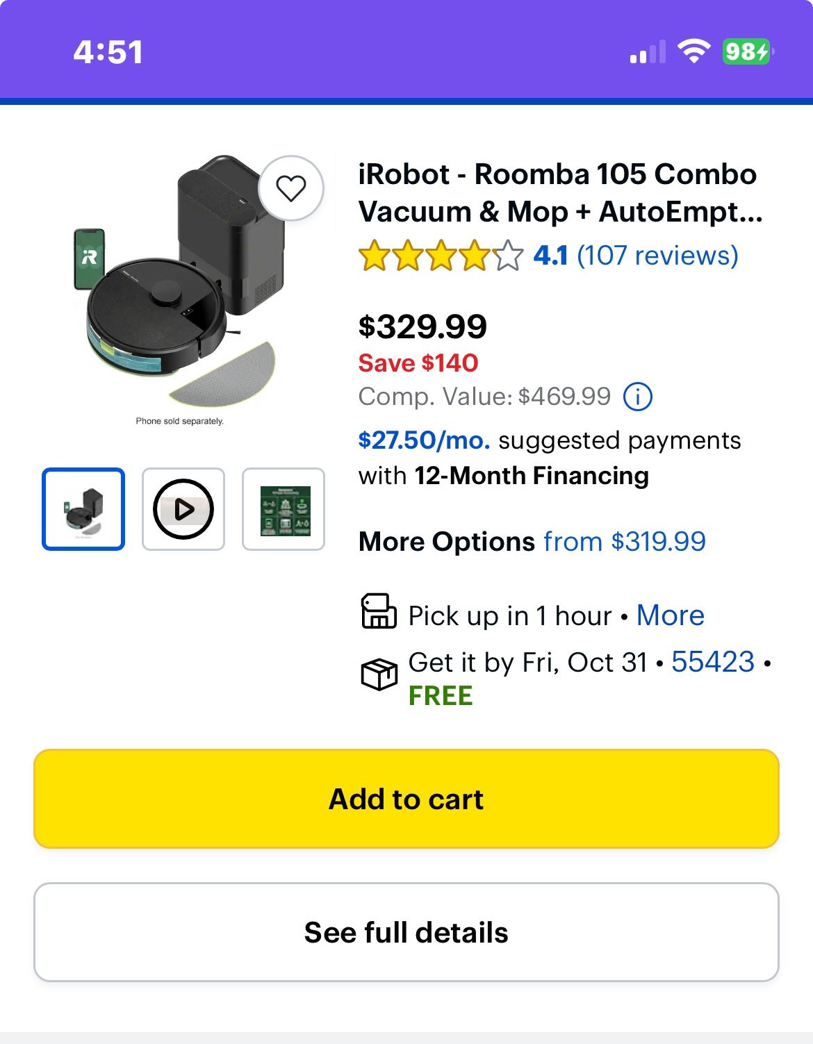 IRobot Roomba 105 combo vacuum and mop plus Auto empty