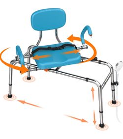 Sliding Shower Chair Tub Transfer Bench with Swivel Seat, 450lbs Shower Chair for Elderly and Disabled, Adjustable Height and Arms Width Bath Transfer
