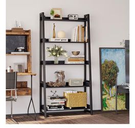 IRONCK Ladder Shelf 5-Tier 74.8in Tall, Industrial Bookcase and Bookshelf Ladder Bookshelves. Edge Baffles. for Office, Bathroom, Living Room. P2 MDF.
