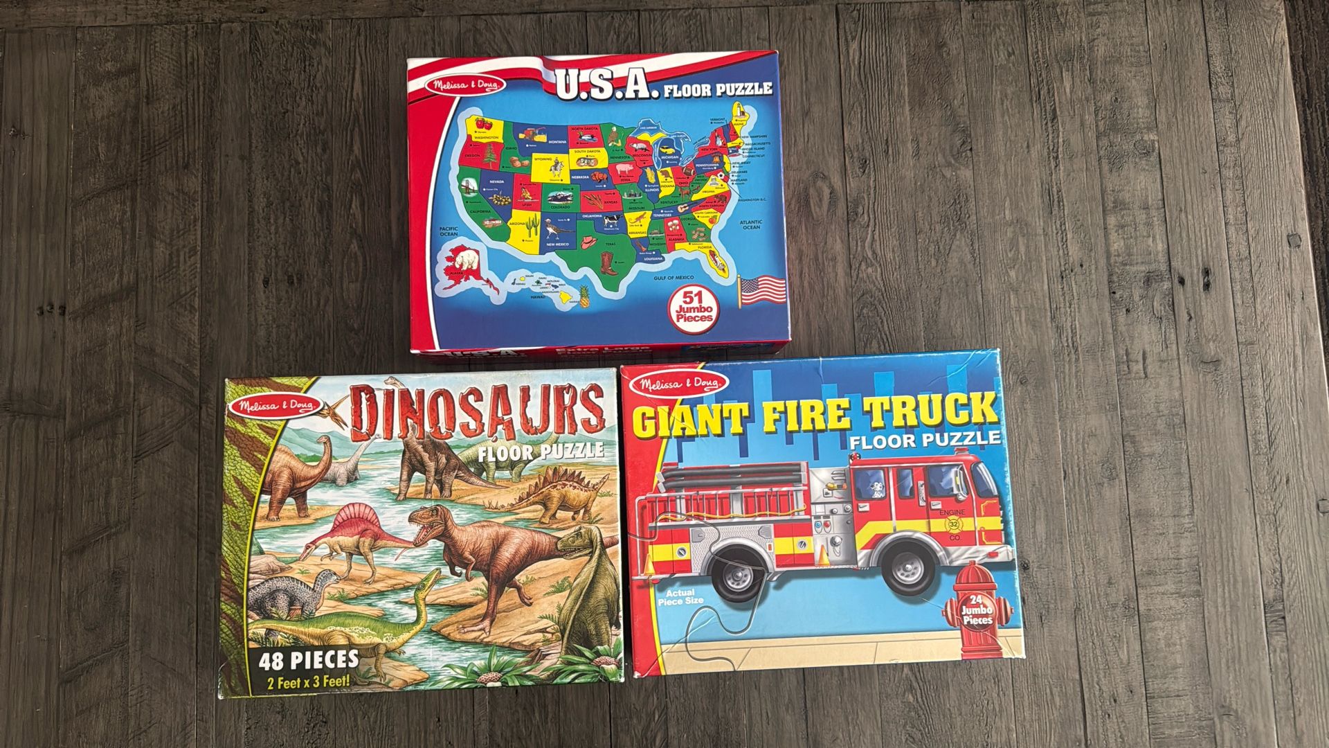 Melissa & Doug Floor Puzzles: Dinosaurs, Fire Truck & USA Map - All 3 For $12!!