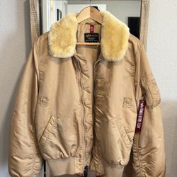 Alpha Industries Jacket Men B-15 Flying L/G Slim Fit Tan Faux Fur.  