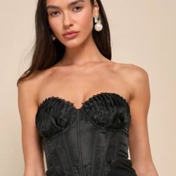 Women's Junior's Black Organza Strapless Bustier Maxi Dress