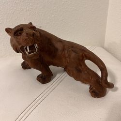 HAND CARVED ROSEWOOD CHINESE TIGER STATUE W GLASS EYES BONE TEETH 9x5 