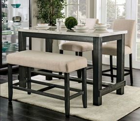 Brand New Antique Black & Beige 5pc Counter Height Dining Table Set w Marble Top