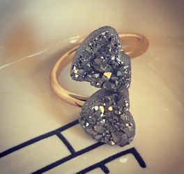 Ring double hearts druzy stone gold and silver new