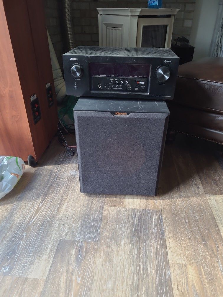 Denon Reciever, Klipsch 12 In Subwoofer, Difinitive Center Channel Speaker, Polk Audio Towers