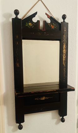 Small Antique Wooden Wall Beveled Mirror w/ Small Shelf, Hand painted Floral Motif Decor