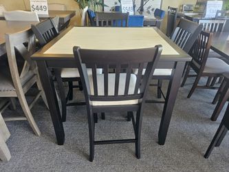 Brand New Gray/Espresso Counter High Dining Table (42"×42"×36"H) + 4 Gray Linen Chairs