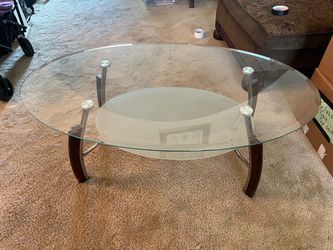 Oval Glass Top Coffee Table with Wood Legs