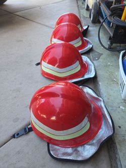 Red Firefighter Helmets with Neck Shield – Lot of 4
