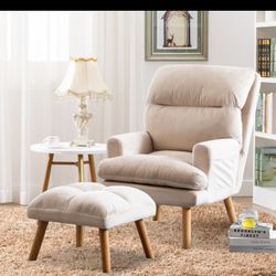 Brand New Biege Linen Accent Chair + Ottoman