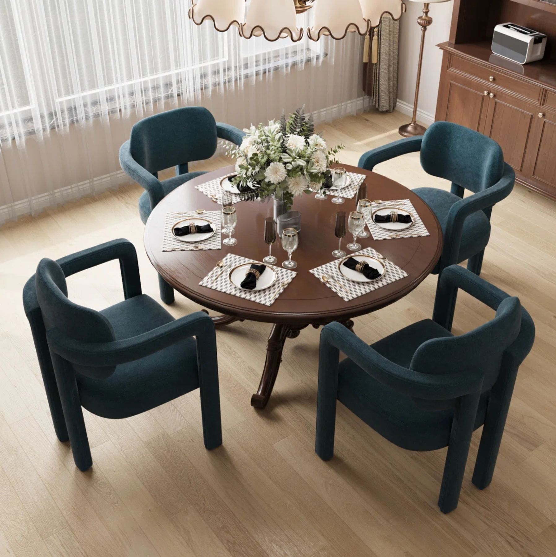 20"H Chenille Linen Upholstered Dining Chair, Peacock Blue (Set of 4)