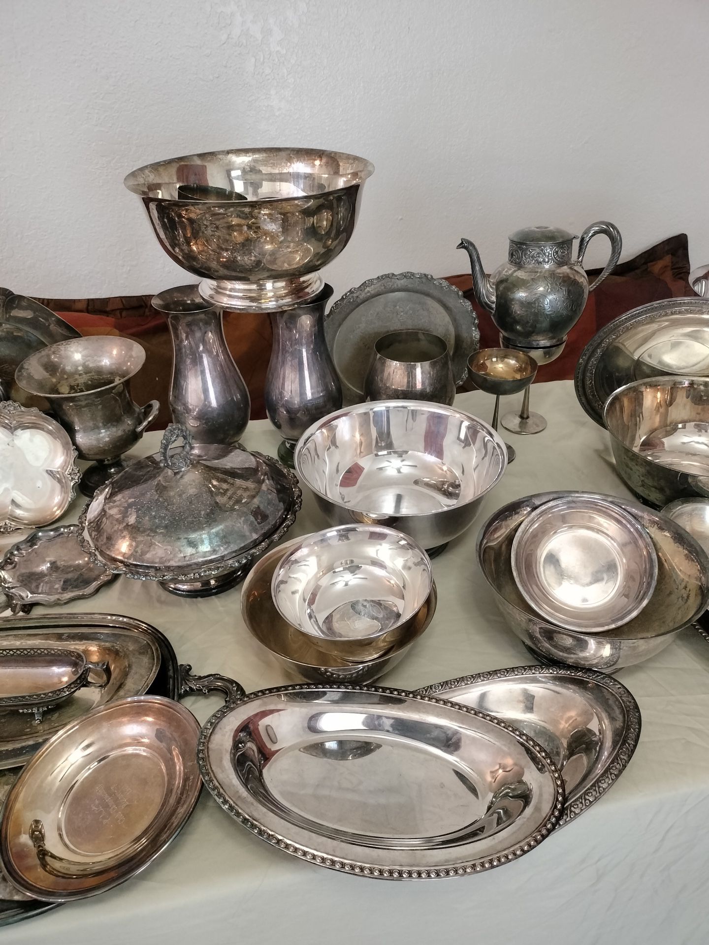 Huge Lot Of 70 Plus Antique Silver Plate Bowls , Tea Pots , Plates , Trays & More