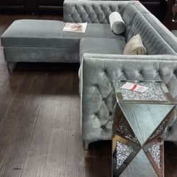 New Sectional Sofa With Diamond Tufted Silver Velvet