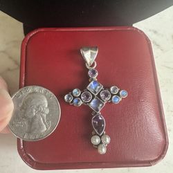 Beautiful 925 Sterling Silver Cross Pendant , Genuine Moonstones, Pearls And Amethysts, Large Bale , Marked 925 SLG,  Nice Size Cross , Not Small