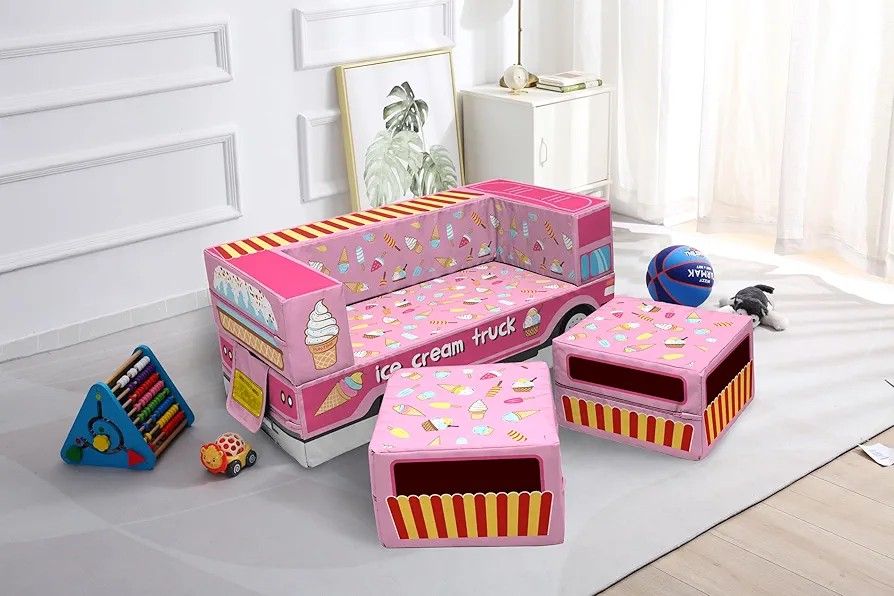 Kids Couch Sofa, Modular Toddler Couch, Convertible Kids Couch, Ice Cream Truck -Themed Modular Sofa for Boys and Girls, Sofa Bed for Bedroom (Pink)