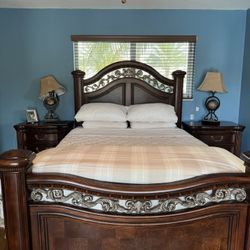 Elegant Bedroom Set - Solid Wood-Queen Size Poster Bed,  Dresser with Mirror, 6 Drawer Chest and 2 Nightstands 
