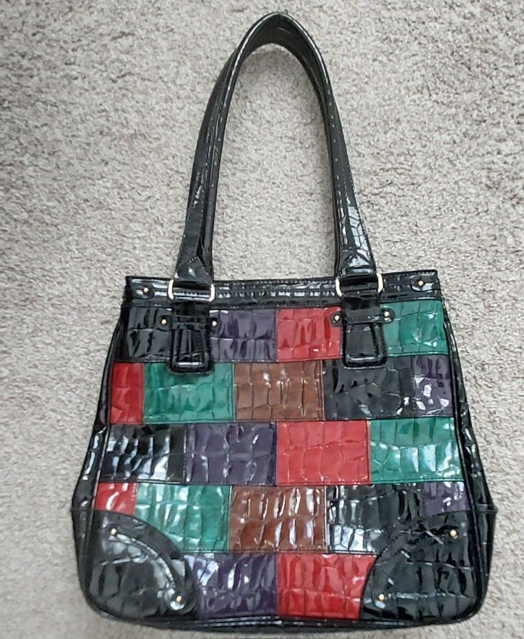 Liz Claiborne Patchwork Faux Patent Vegan Leather Tote Handbag Bag Color Block