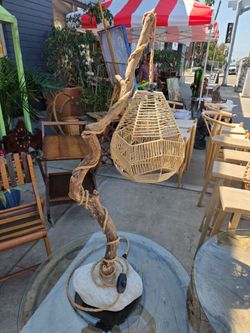 Handcrafted Rustic Table Lamp with Organic Wood, Nautical Rope, and Rattan Shade
