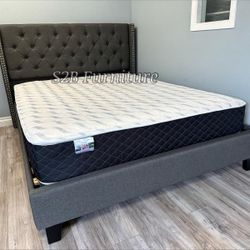 Full Grey Tufted Bed With Ortho Mattress Included!!