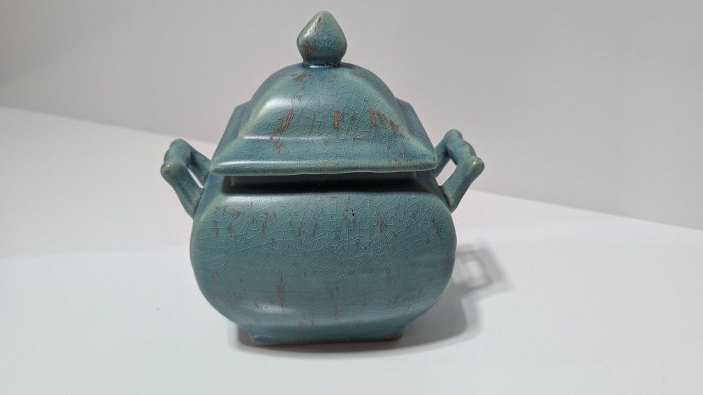 Vintage 8" Aqua Crackle Glaze Ceramic Covered Jar Art Deco Style Pottery Dish