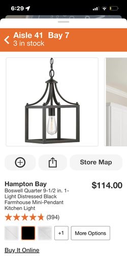 Hampton Bay Boswell Quarter 9-1/2 in. 1- Light Distressed Black Farmhouse Mini-Pendant Kitchen Light •
