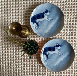 Two Relaxing Cats Small Blue Ceramic Japanese Plates
