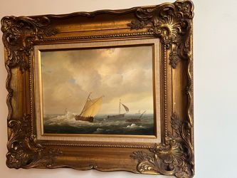 Vintage Nautical Seascape Painting – Ornate Gold Frame – Sailboats