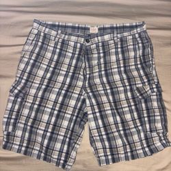 Dockers men's blue, white, and tan plaid cargo shorts