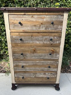 Rustic Farmhouse Highboy Dresser – 5 Drawer Solid Pine & Wrought Iron