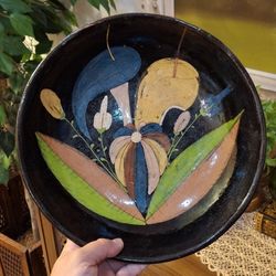 Beautiful vtg Hand Painted Floral Redware bowl