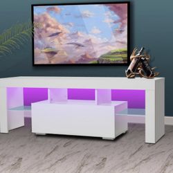 51.2 in. Particle Board White High Glossy TV Stand with 1-Storage Drawer Fits TV's up to 55 in. with LED Lights
