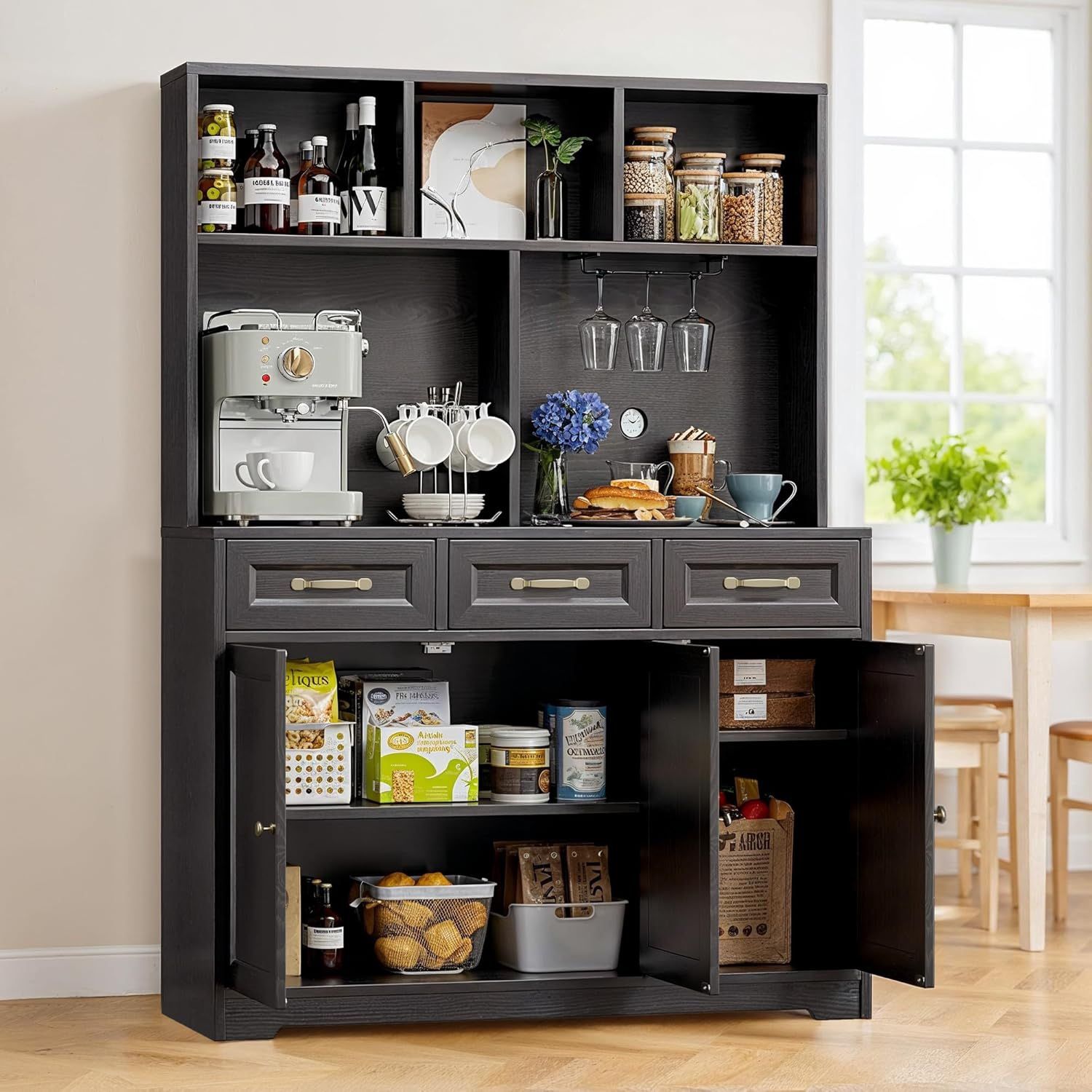 Kitchen Pantry Cabinet with Microwave Shelf 60" Tall Coffee Bar Cabinet with Storage Kitchen Hutch with Countertop for Dining Room and Craft Room, Bla