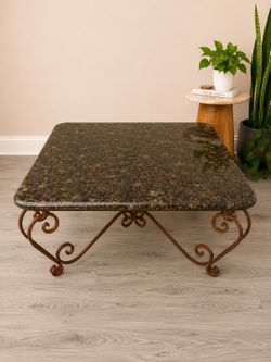 Granite Top Coffee Table with Rust-Finished Wrought Iron Base