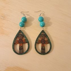 Beaded Wood Cross Earrings 