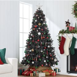 Artificial Christmas Tree, 7.5ft Premium Pre-Lit Realistic Spruce Holiday Décor w/Dense Branches, Metal Base - Black Spruce