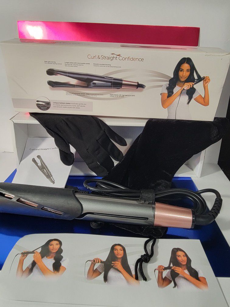 Curl and Straight Confidence 2 in 1 Unique twisted, ceramic plates  anti-static for safe and easy curling and straightening. Creates bouncy curls, sof