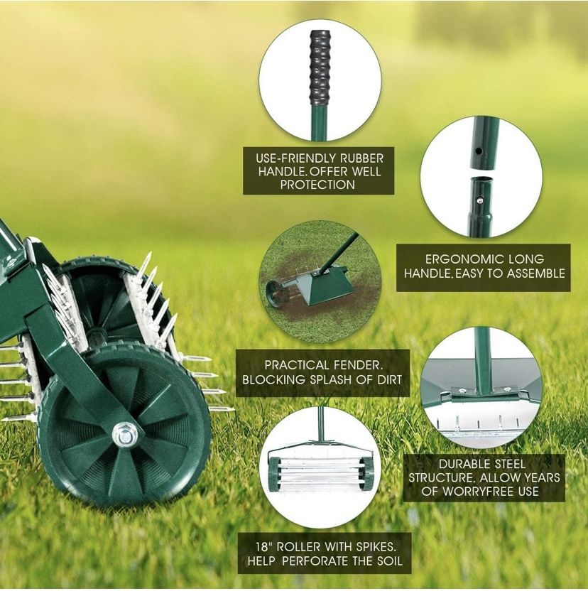 Goplus Rolling Lawn Aerator, 18-Inch Garden Yard Rotary Push Tine Heavy Duty 