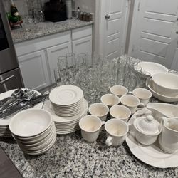 Dinnerware Set -Pfaltzgraff Filigree Warm White Stoneware for 8 People - Includes Glassware & Silverware - ALL for $120 - Used Once!!!